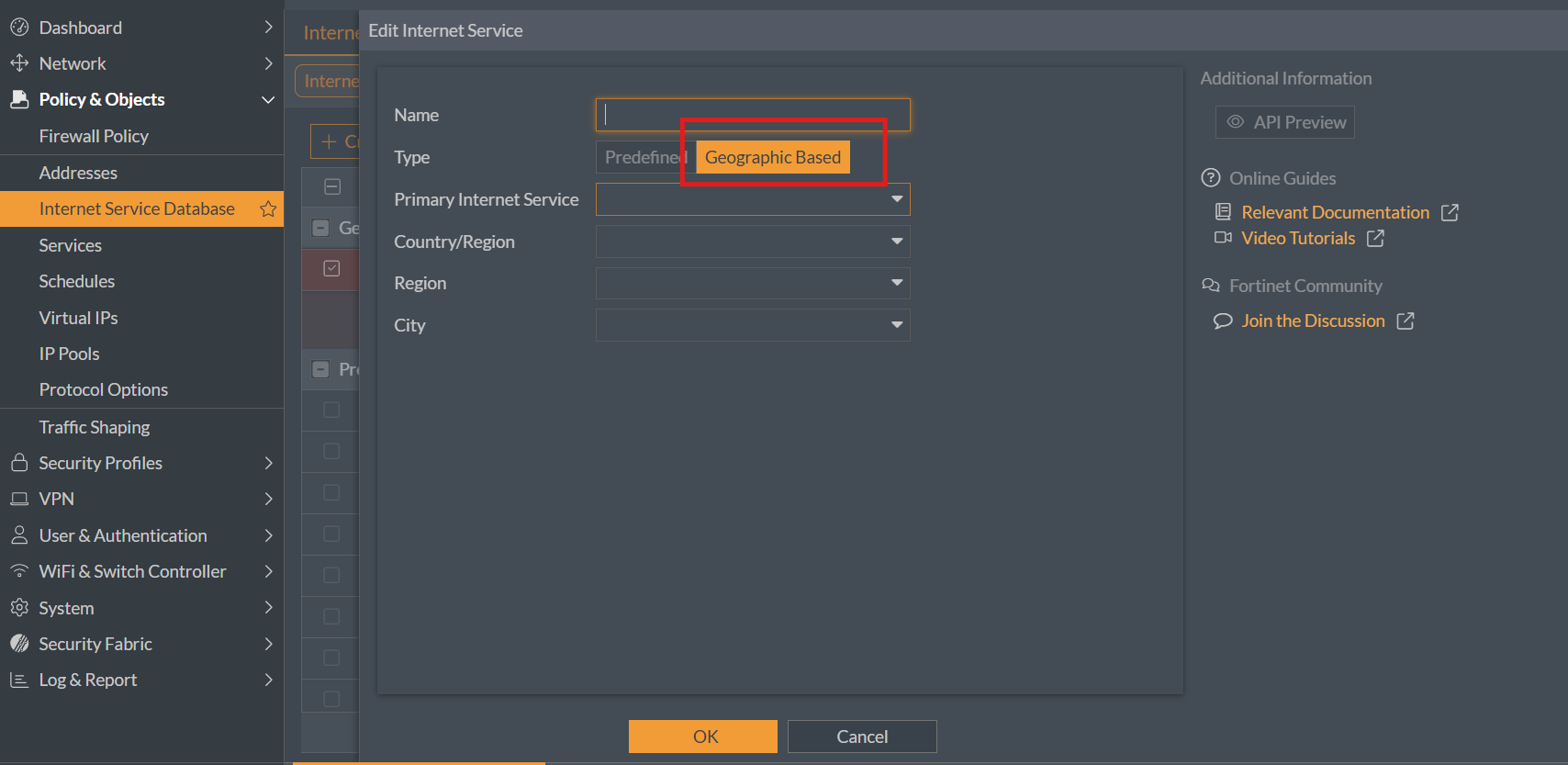 Creating a Geographic Based Internet Service on FortiGate — the Type switch between Predefined and Geographic Based